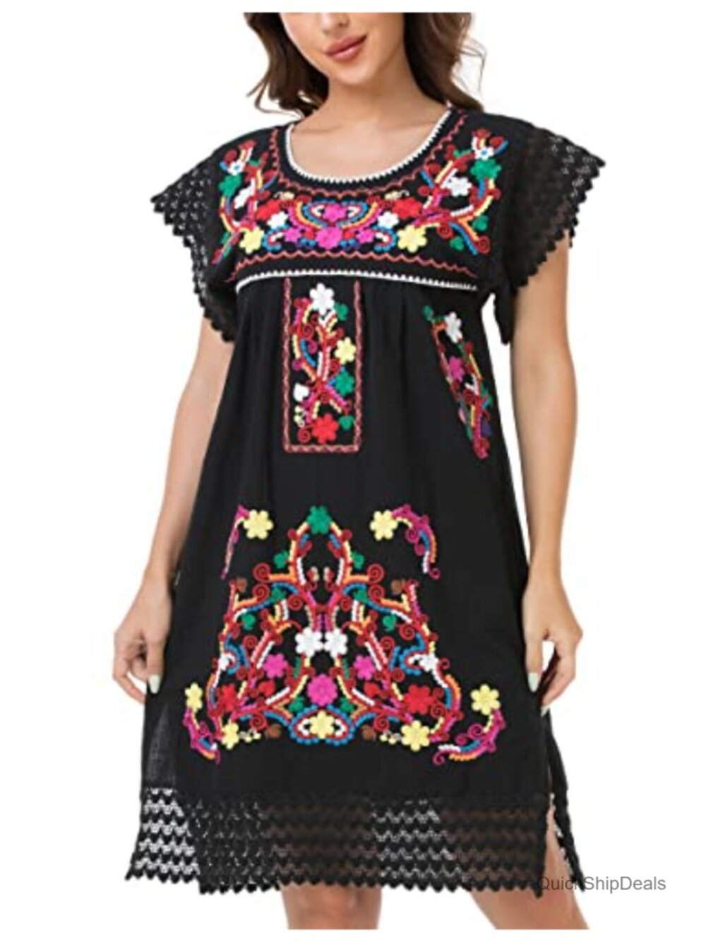 Mexican Embroidered Maxi Dress Short Sleeve High Waist Floral